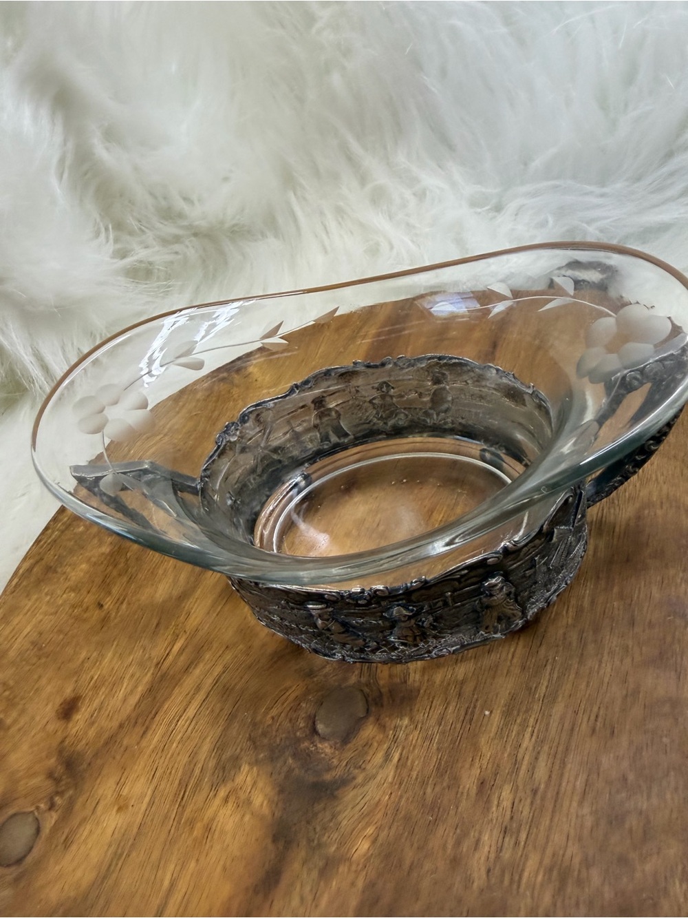 Etched Glass Bowl with Ornate Silver-Tone Base